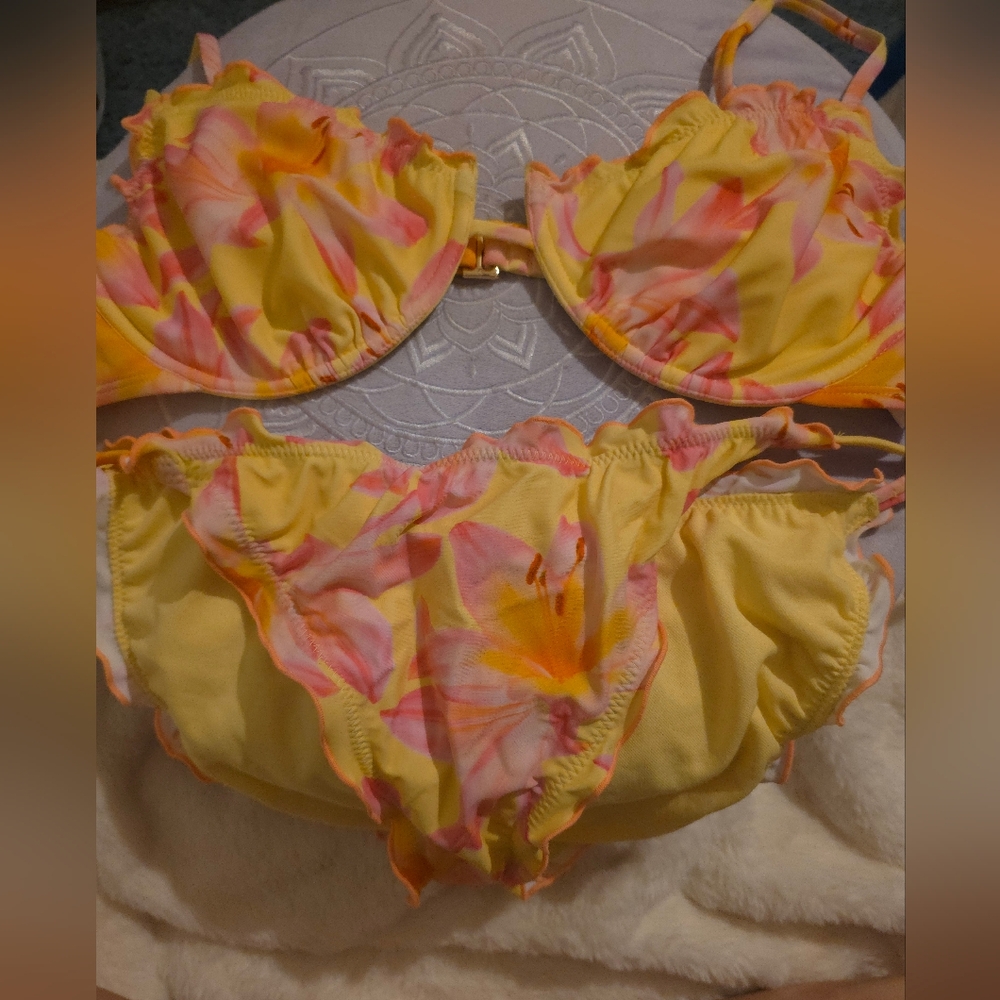 wild fable Yellow Floral Ruffle Bikini Set with Pink & Orange Accents